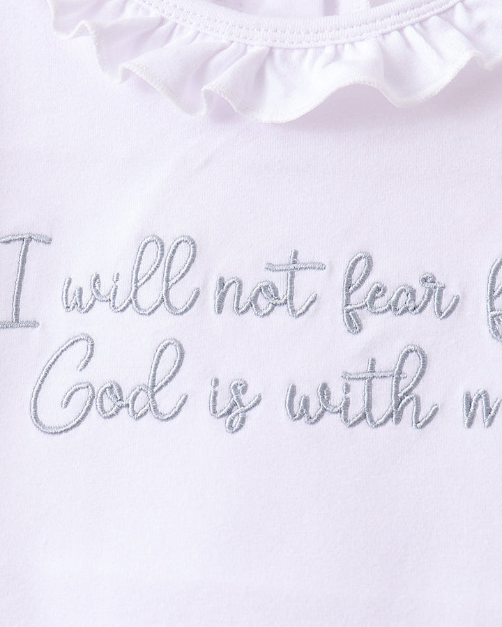 White top neckline with scalloped ruffle and embroidered faith quote in gray