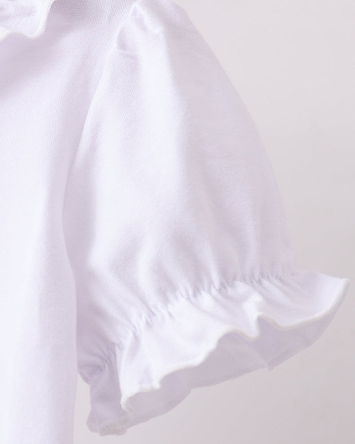 White short-sleeve blouse with gathered fabric and ruffled hem