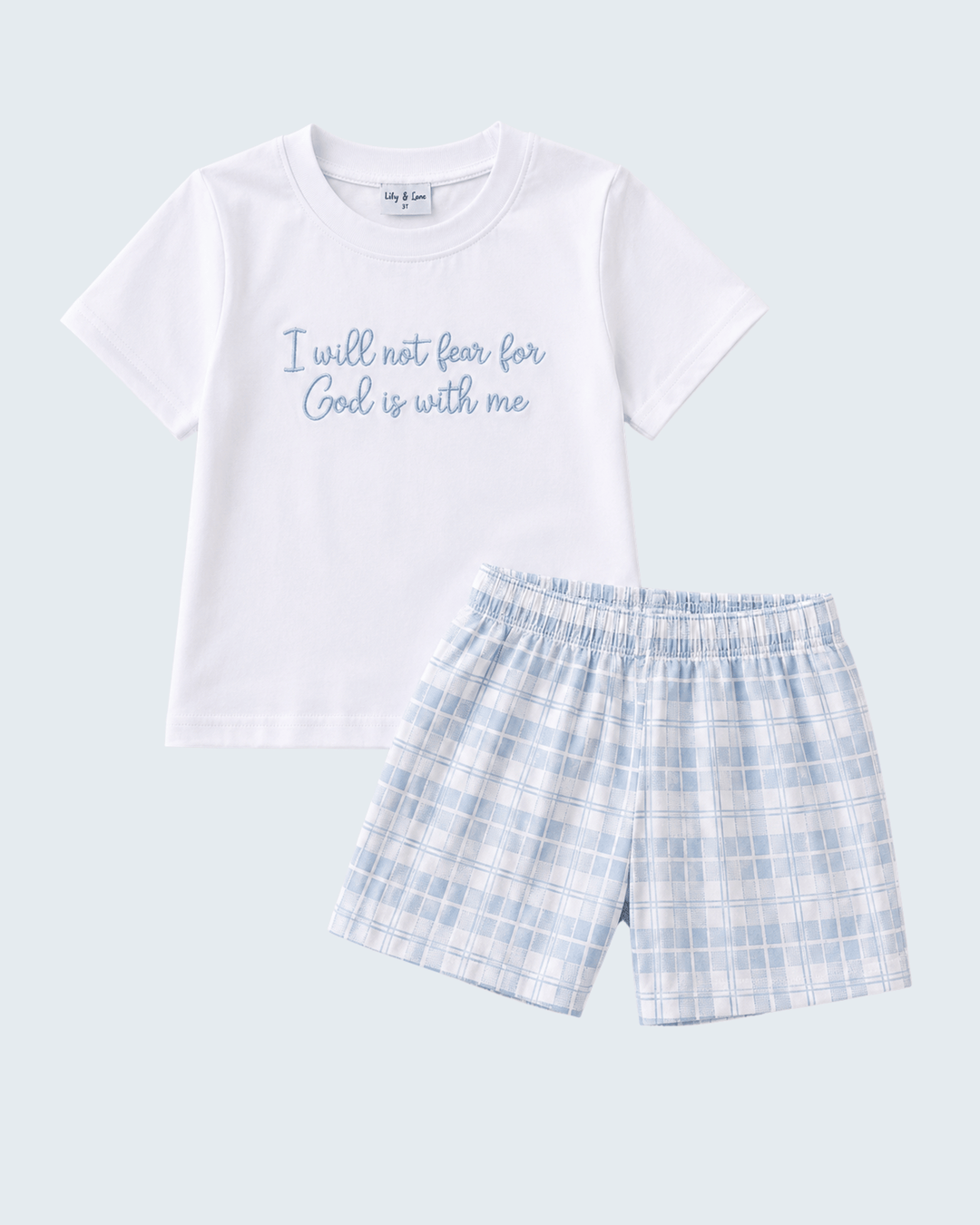 White T-shirt and blue plaid shorts set with blue faith quote embroidery on chest