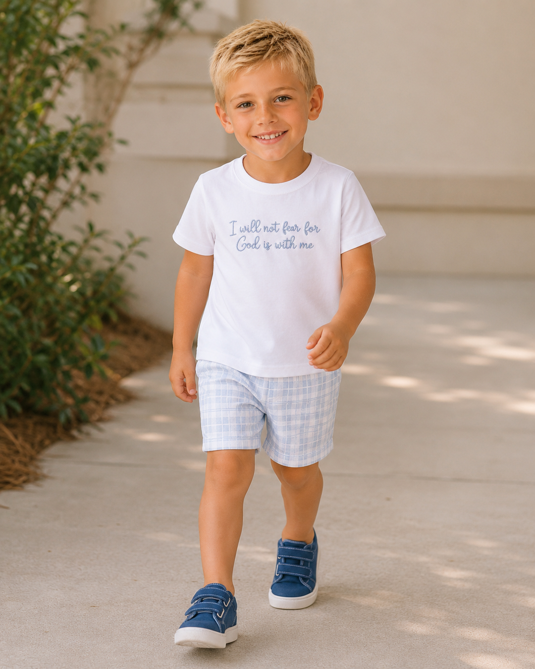 Boys white T-shirt and light blue plaid shorts set with blue faith quote on front