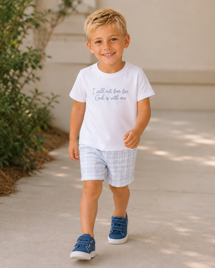 Boys white T-shirt and light blue plaid shorts set with blue faith quote on front