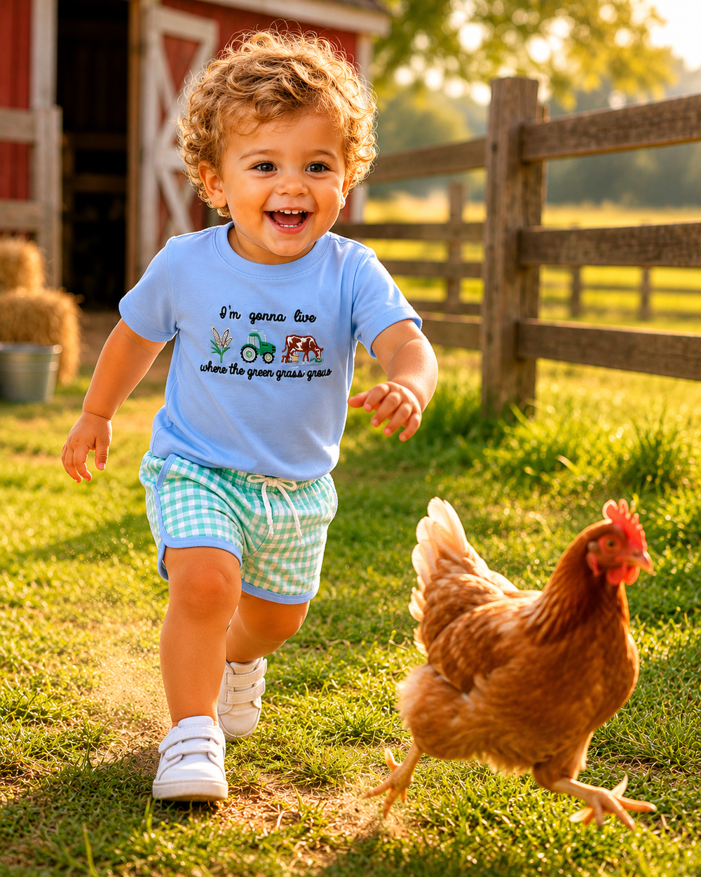 Child in a blue shirt running on a farm with a chicken nearby