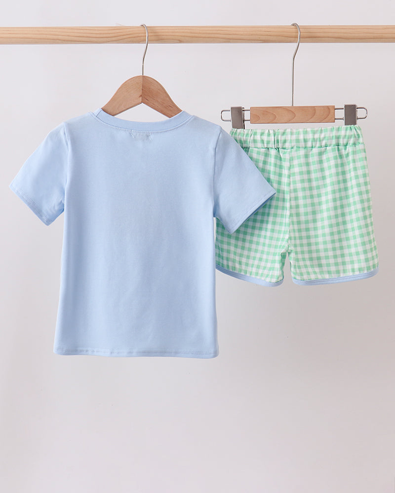 Light blue t-shirt and green checkered shorts hanging on a wooden rack against a light background.