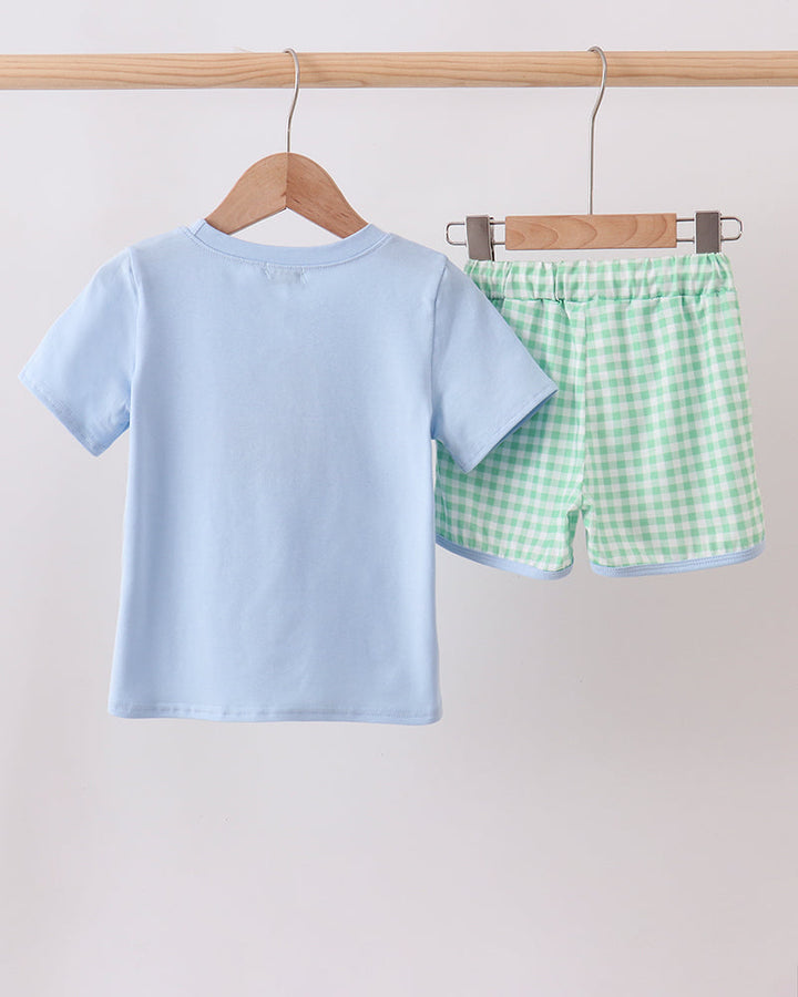 Light blue t-shirt and green checkered shorts hanging on a wooden rack against a light background.
