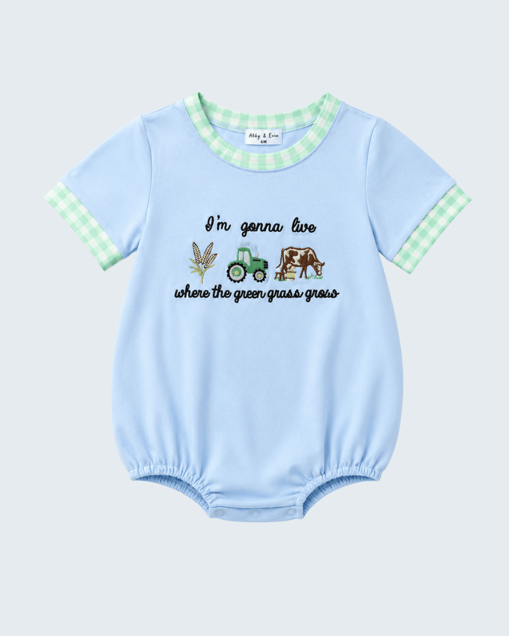 Blue Farm Embroidered Bubble on light grey background