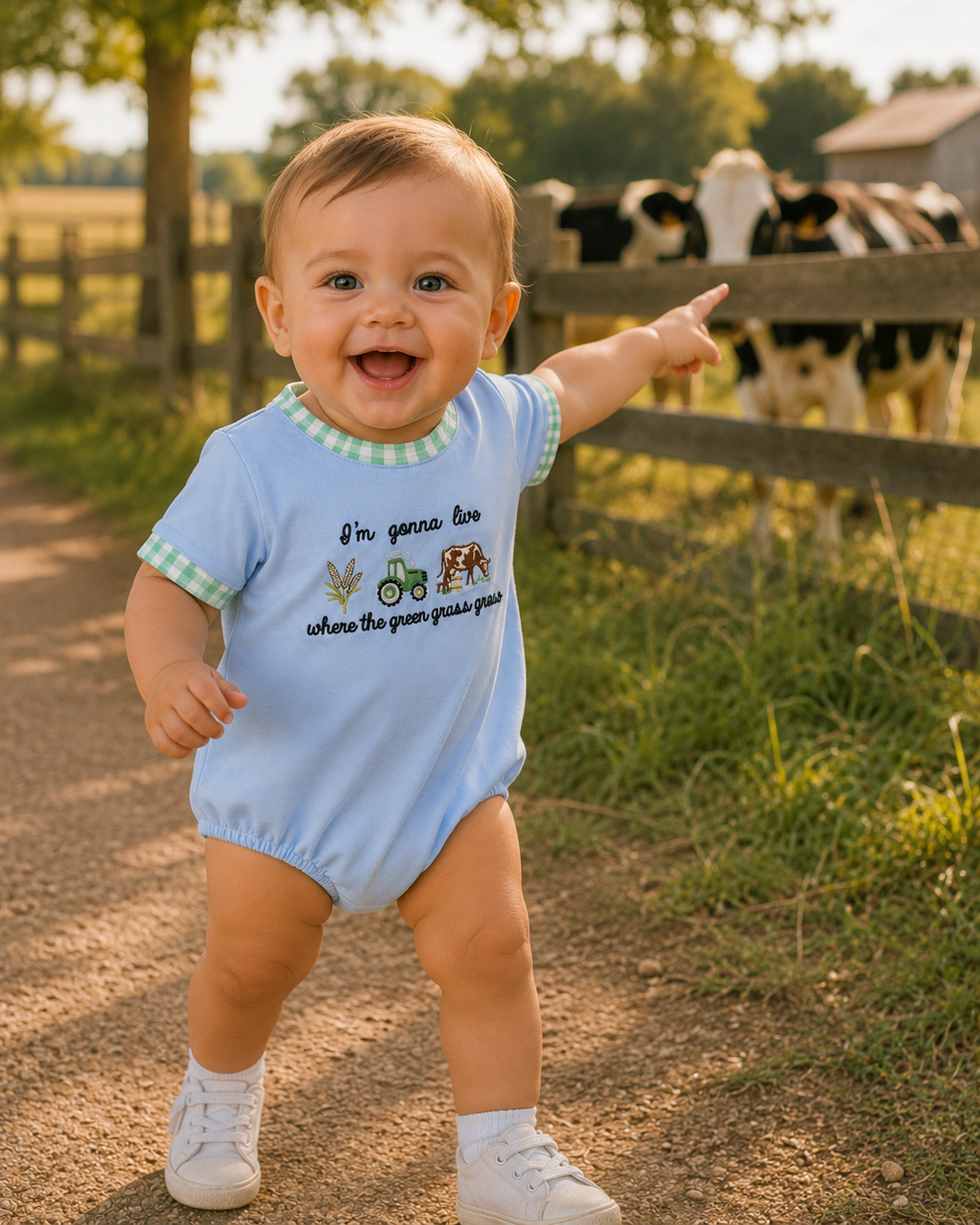 Baby wearing a blue romper with farm-themed graphics and text, standing on a dirt path with cows in the background.