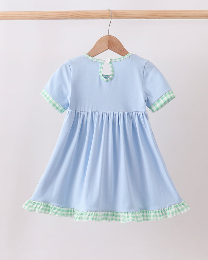 Light blue dress with green trim on a wooden hanger against a white background