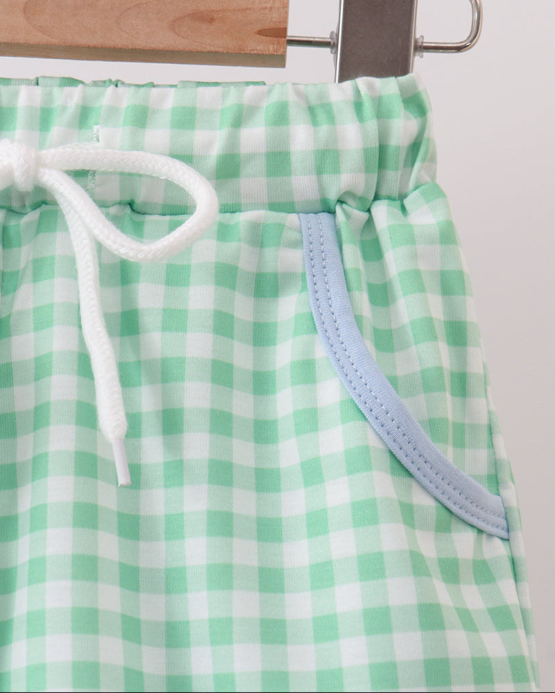 Green and white checkered shorts with a drawstring on a hanger against a white background
