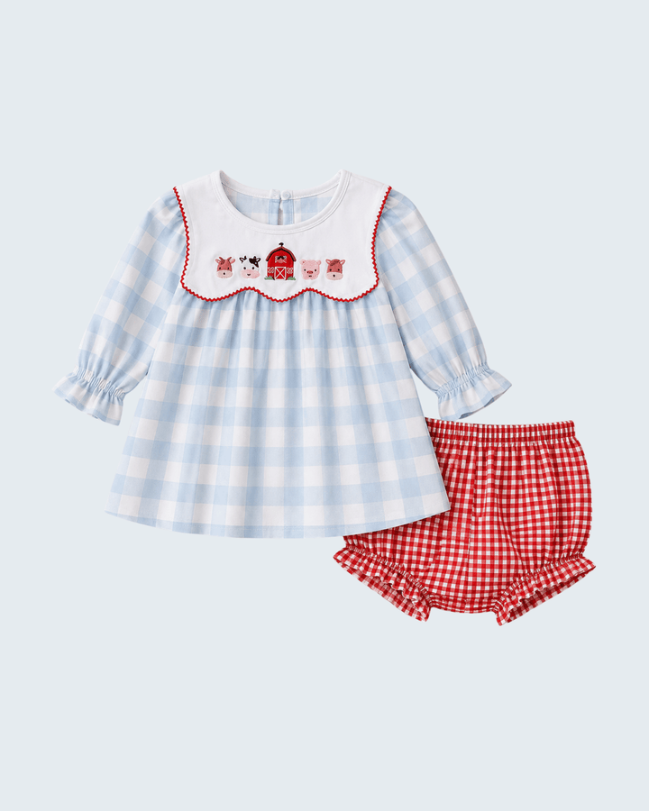 Blue-and-white gingham dress with red trim collar and red gingham bloomer shorts