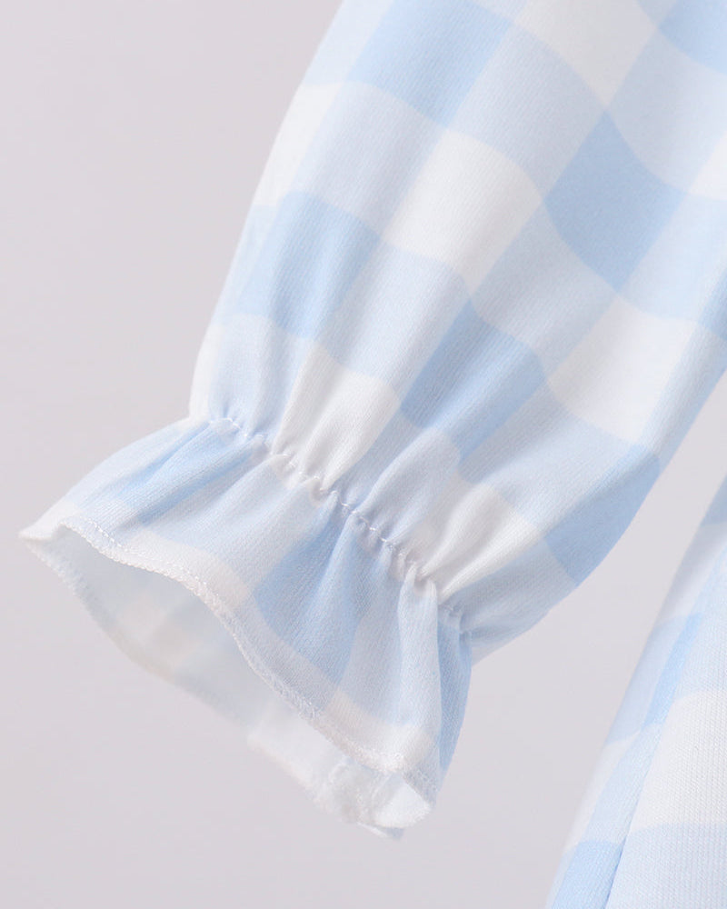Light blue gingham dress sleeve with elastic ruffle cuff