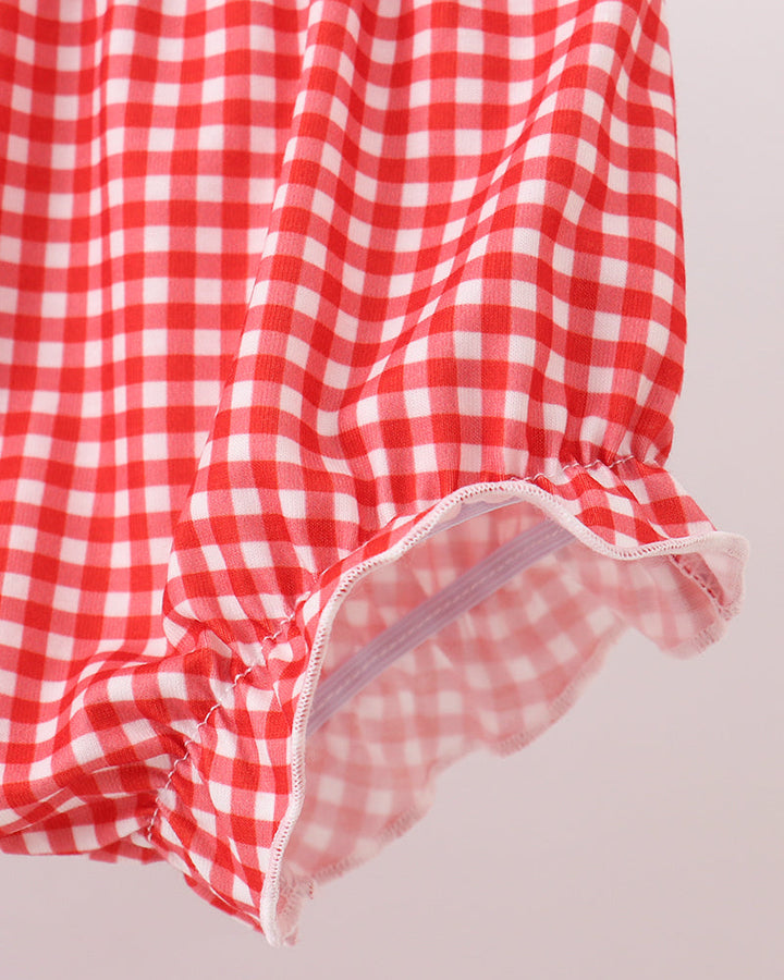 Red gingham bloomer with sheer ruffle-trimmed leg hem