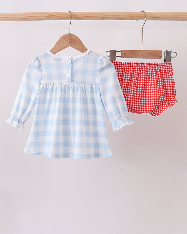 Light blue gingham long-sleeve dress with red gingham bloomers hanging set