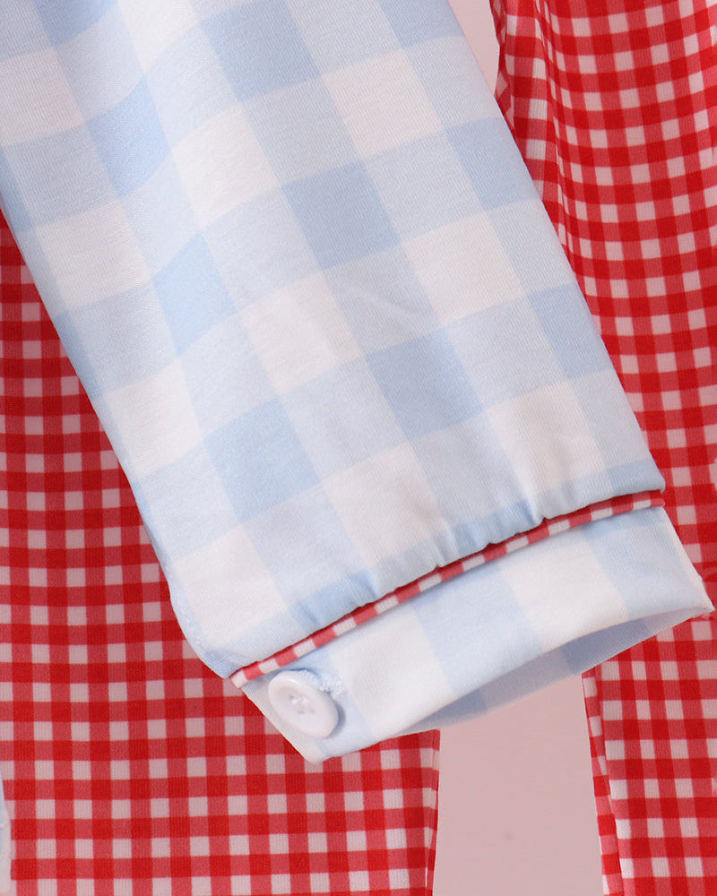 Light blue check long-sleeve cuff and hem with red-trim stitching