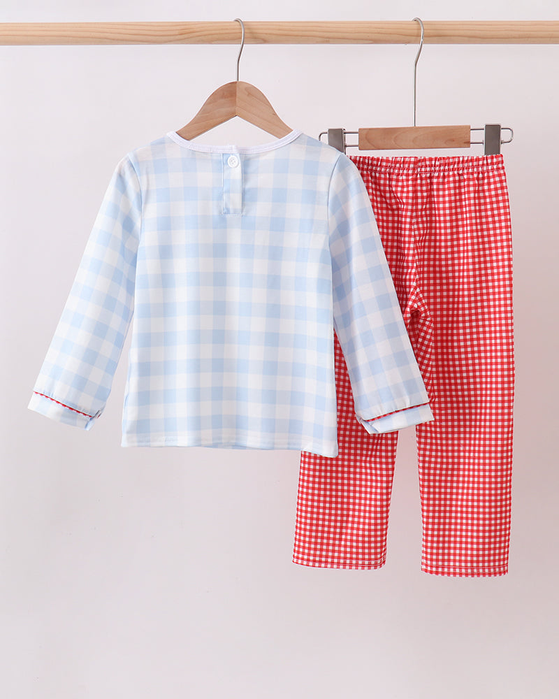 Gingham outfit set: light blue check long-sleeve top and red check pants
