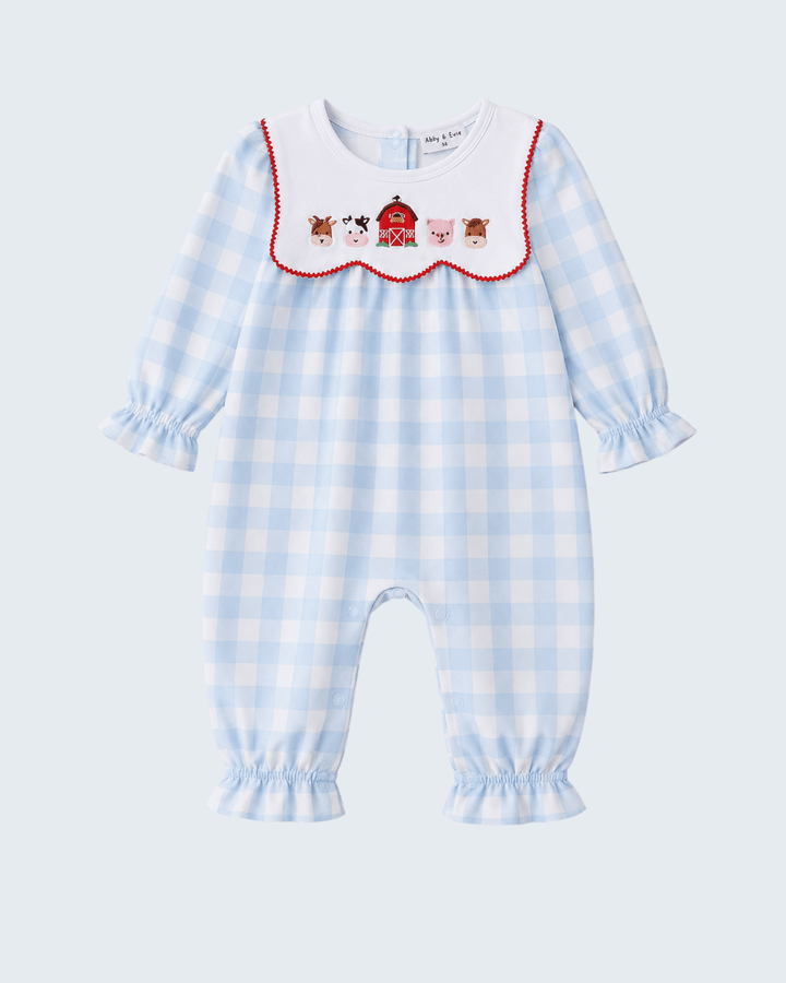 Blue gingham baby romper with farm scene patch, Peter Pan collar and red trim