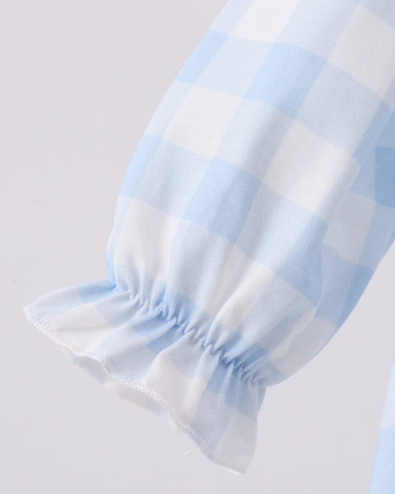 Light blue gingham romper sleeve with elastic ruffle cuff