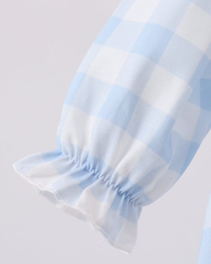 Light blue gingham romper sleeve with elastic ruffle cuff