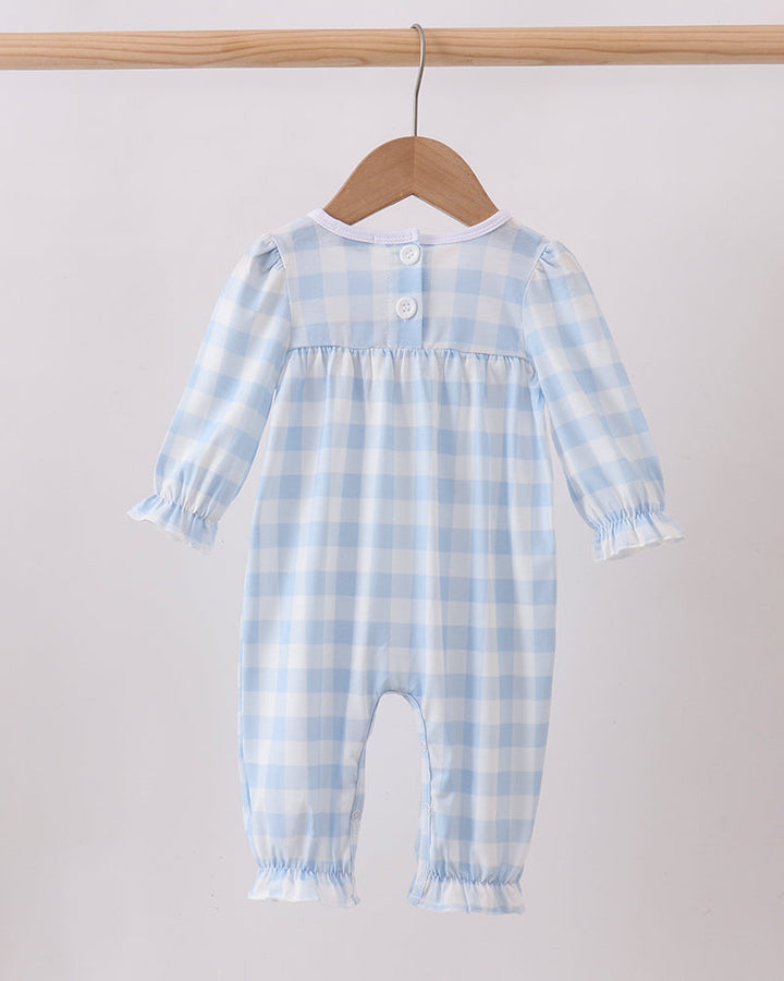 Light blue gingham romper with button placket and gathered waist