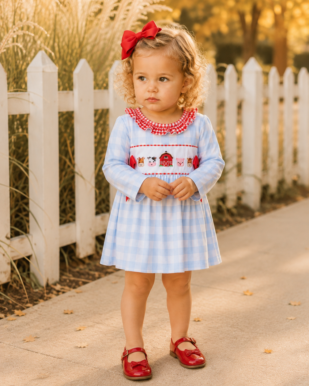 Young girl standing in front of a white picket fence. 