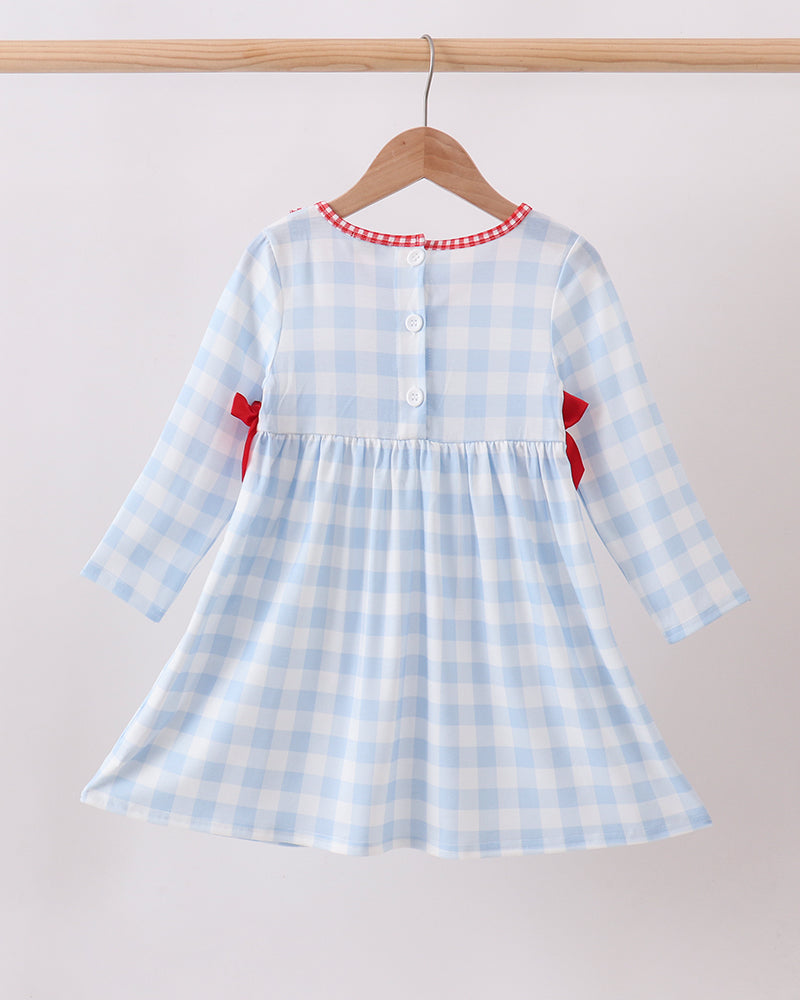 Light blue gingham long-sleeve dress with red ruffled collar and back button placket
