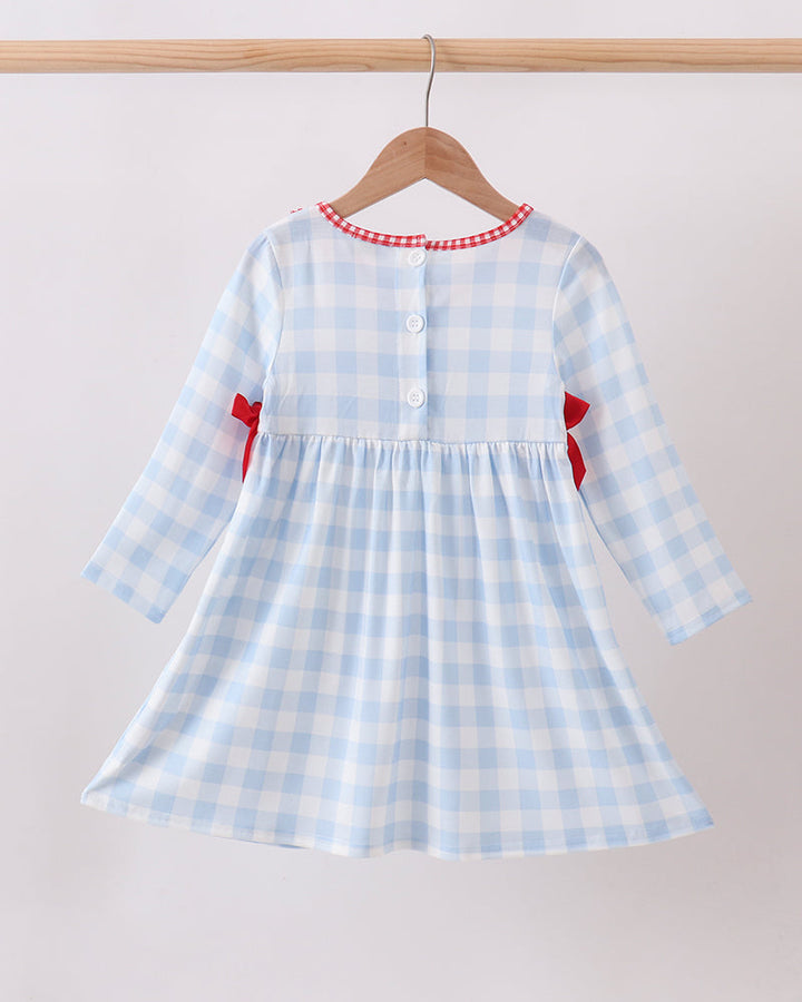 Light blue gingham long-sleeve dress with red ruffled collar and back button placket