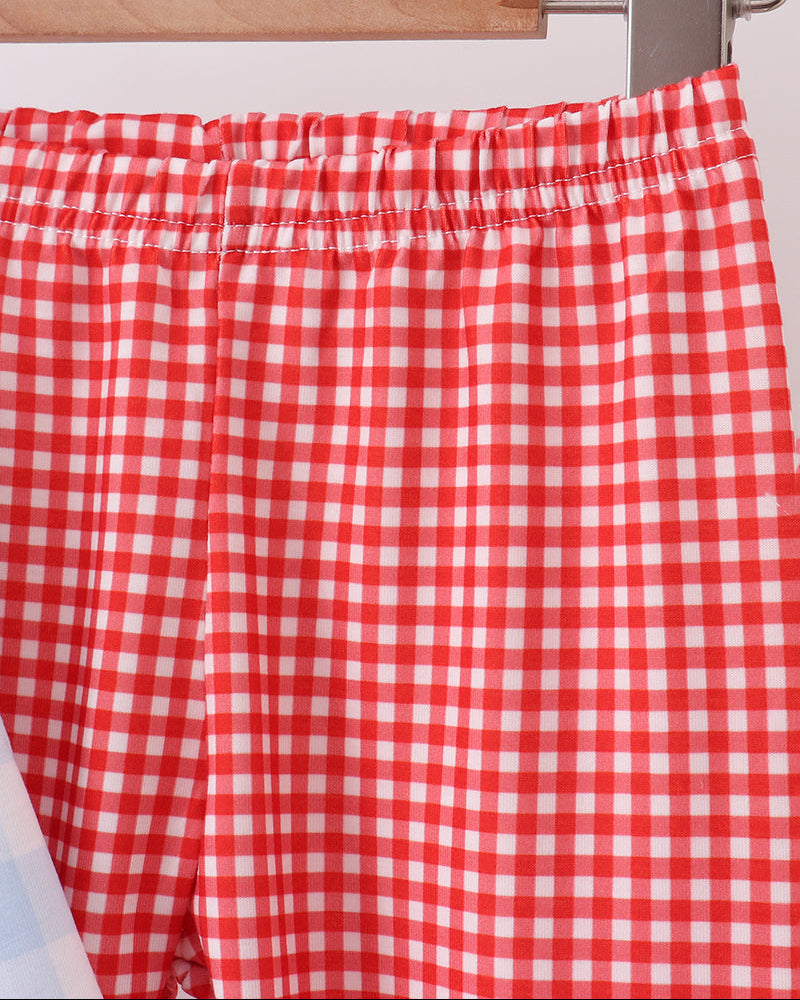 Red gingham pull-on pants with gathered elastic waistband