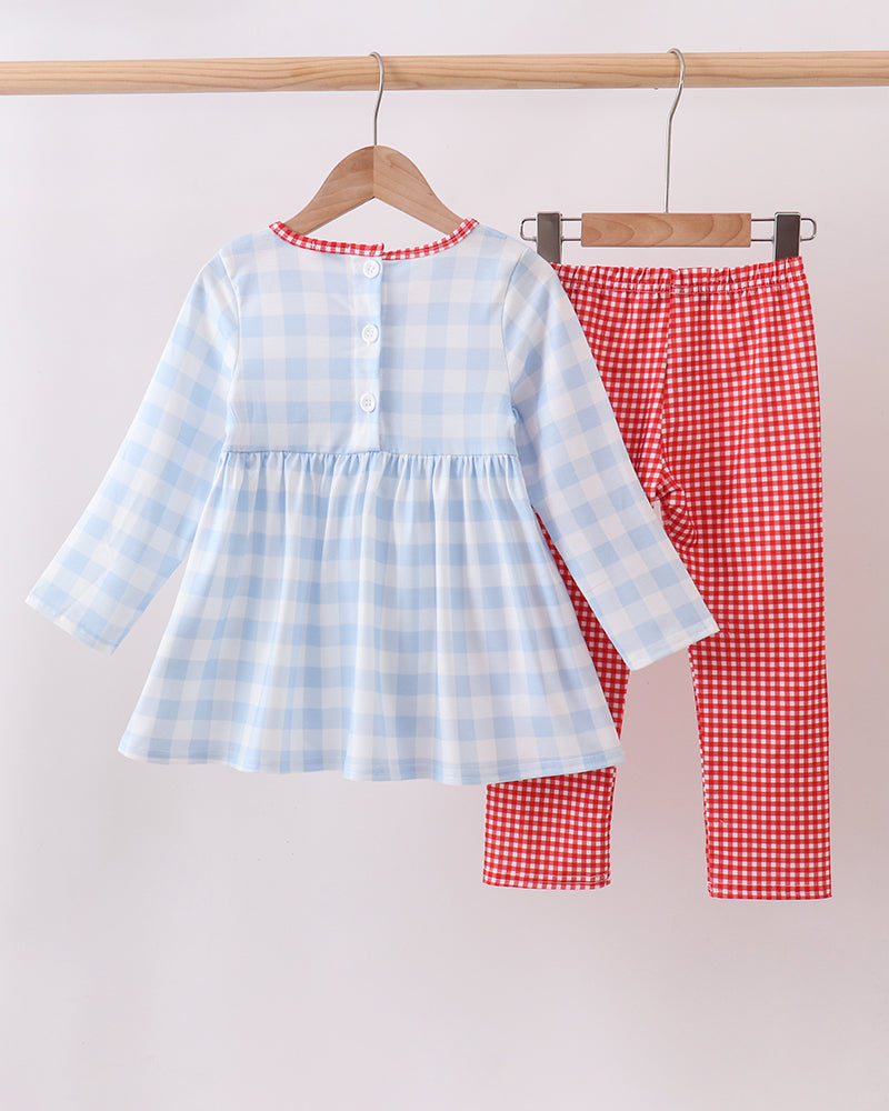 Blue gingham ruffle blouse and red gingham pants set with embroidered yoke