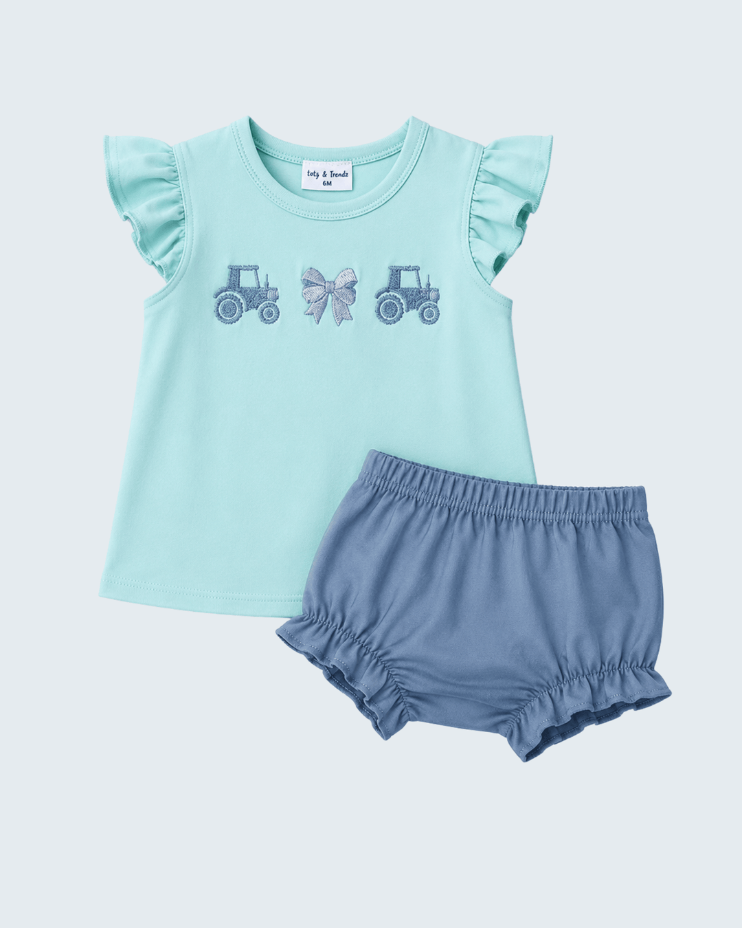 Blue Farm Tractor Embroidered Bloomer Set