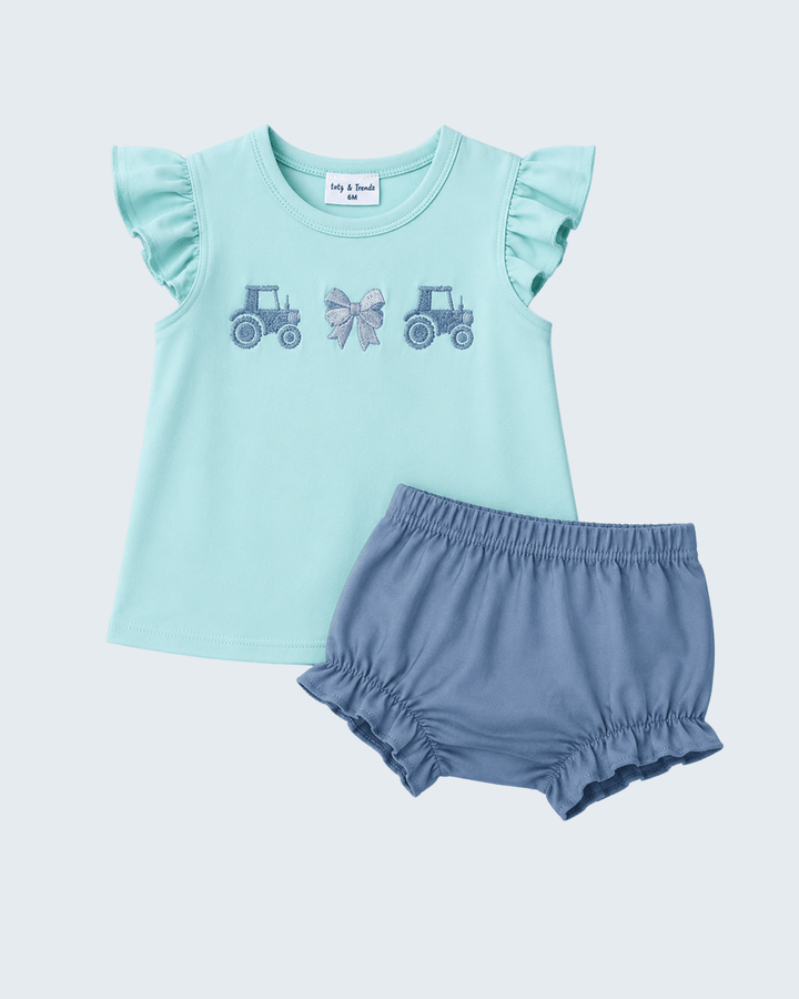 Blue Farm Tractor Embroidered Bloomer Set