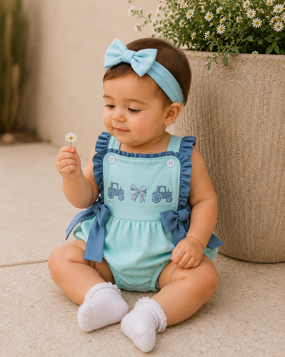 Baby girl sitting on the ground holding a small flower