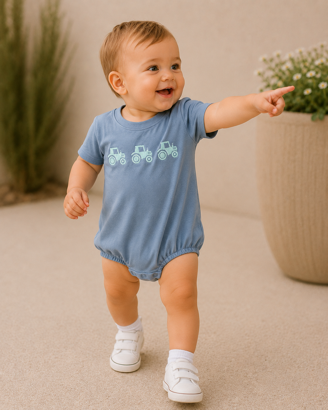 Baby boy is pointing at something in the distance