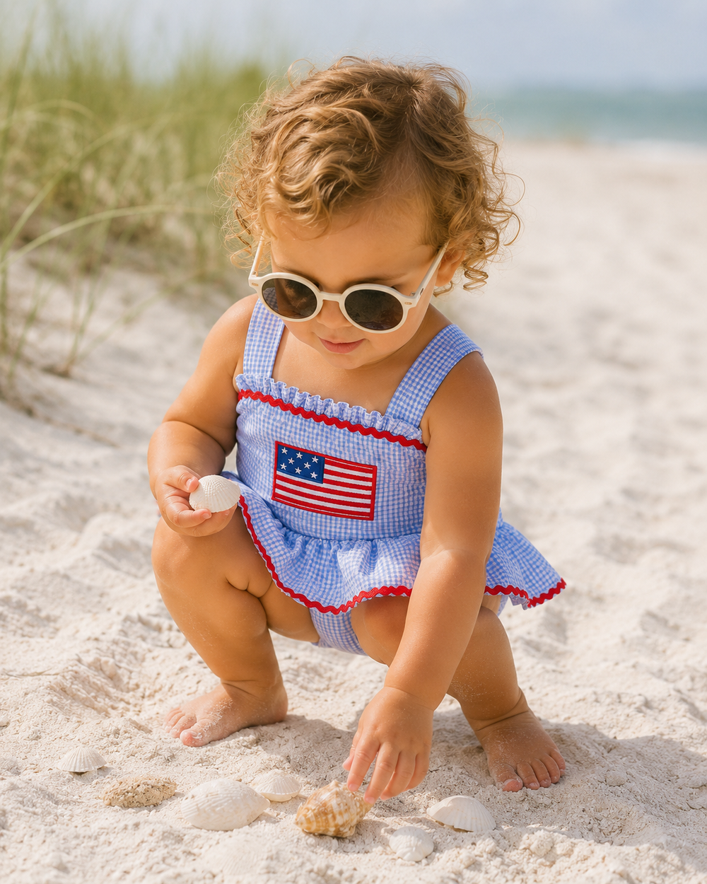 Child in a blue swimsuit with an American flag design on a sandy beach.
