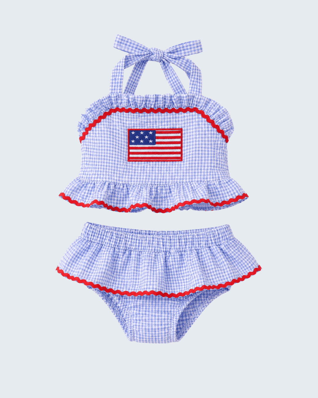 Blue Flag Applique Gingham Ruffle Two-Piece Swimsuit