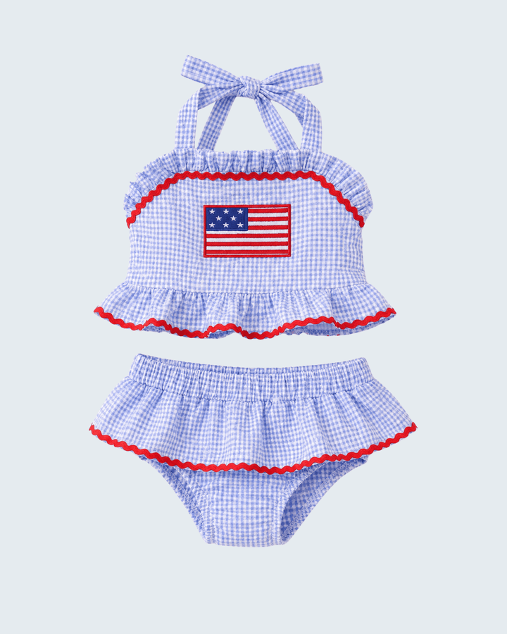 Blue Flag Applique Gingham Ruffle Two-Piece Swimsuit