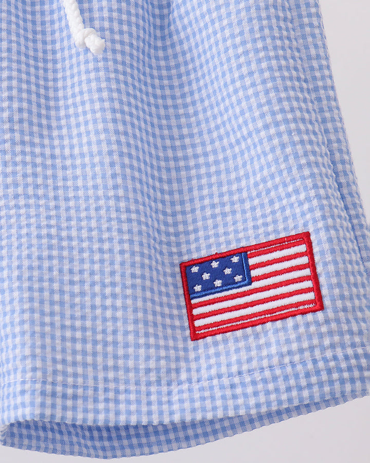 Blue checkered shorts with an American flag patch on a white background