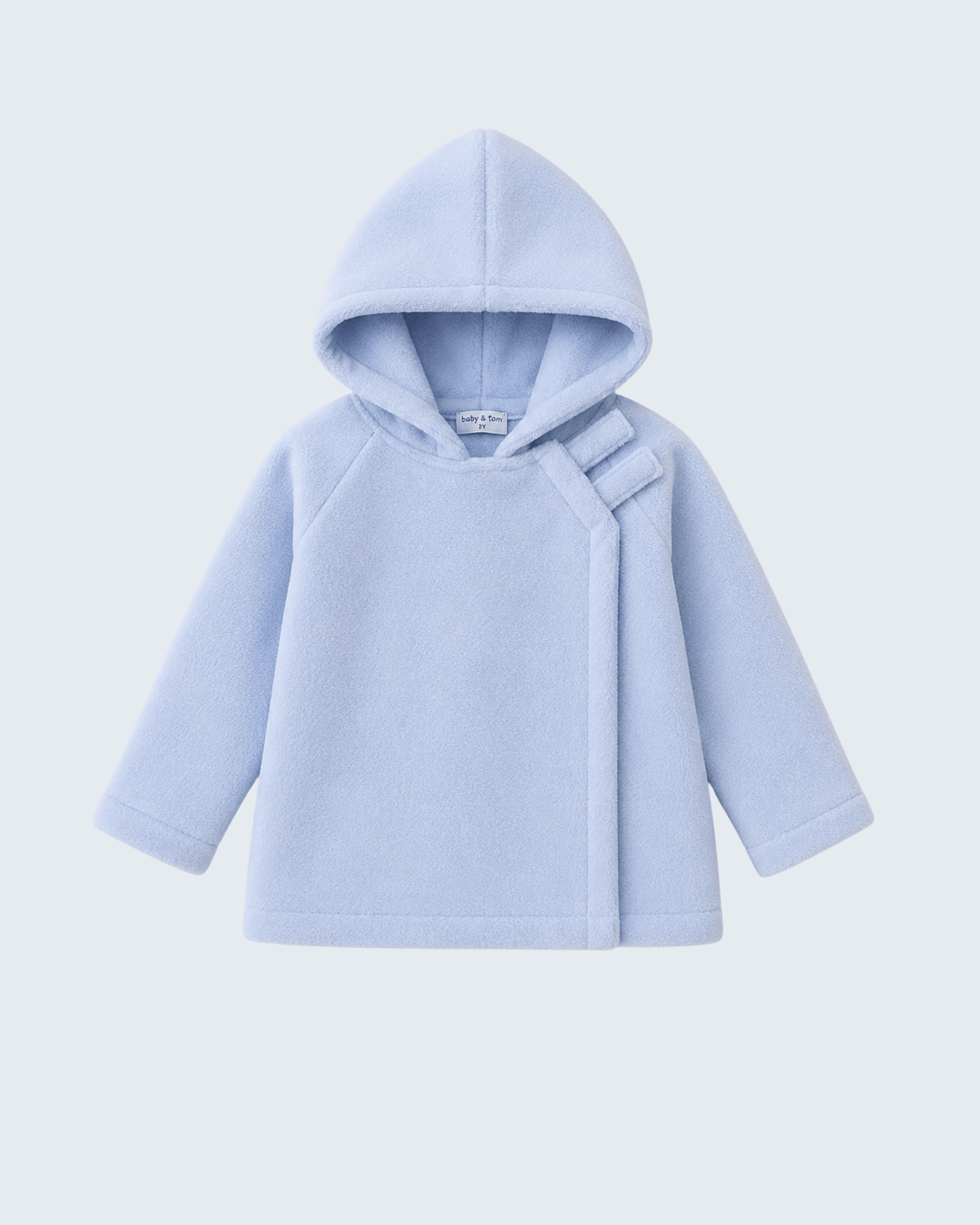 Light blue fleece hooded coat with oversized hood and front belt
