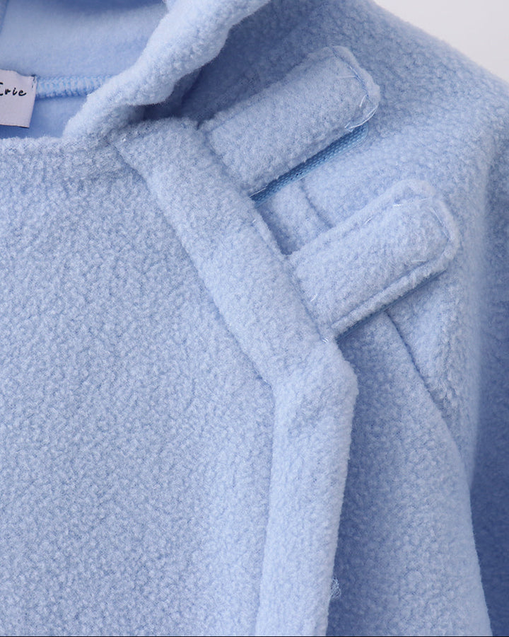 Light blue fleece hooded coat with front flap and toggle-style tab