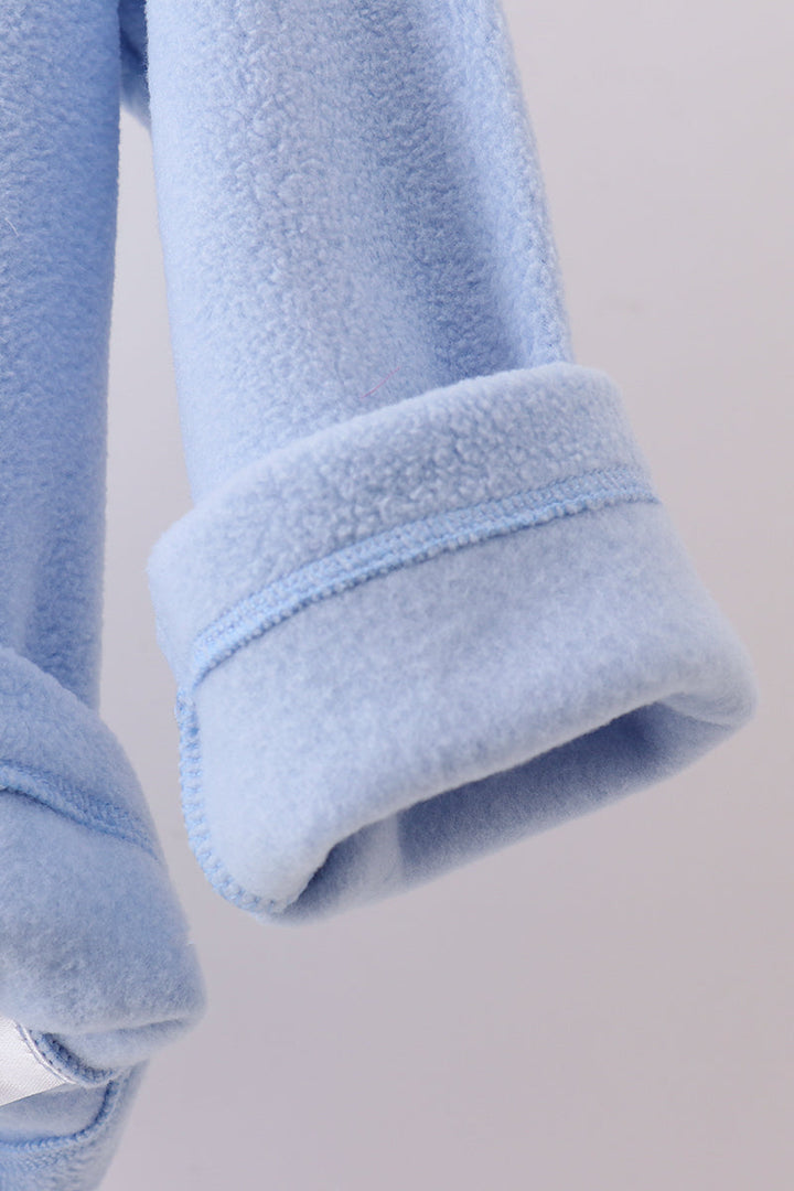 Light blue fleece hooded coat with thick ribbed sleeve cuff