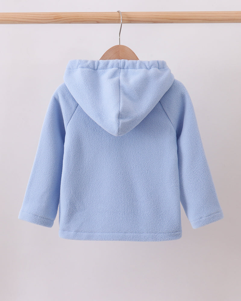 Light blue fleece hooded coat with front opening and hood