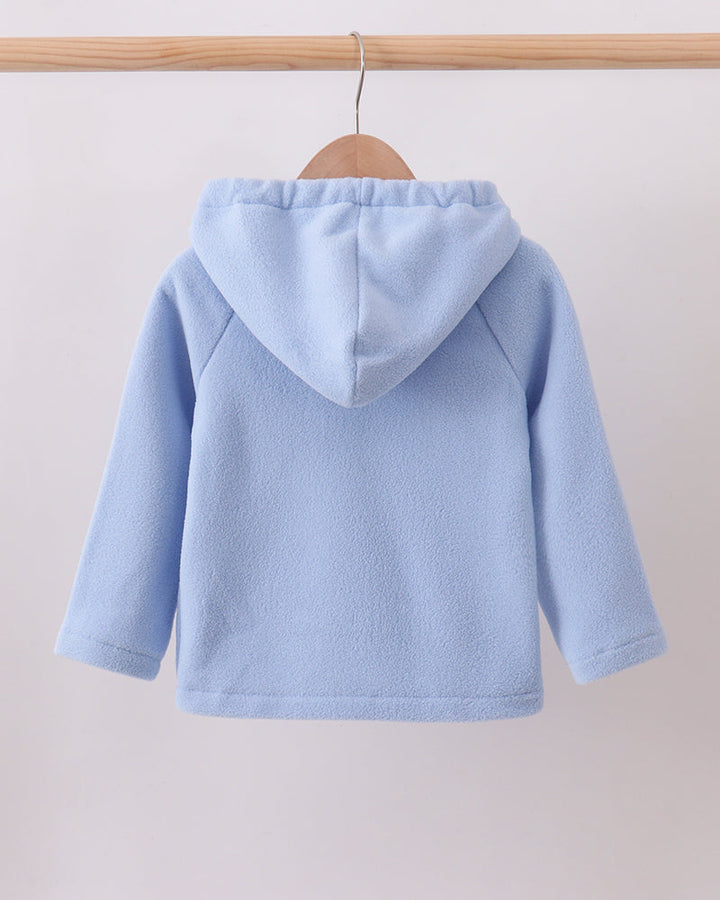 Light blue fleece hooded coat with front opening and hood