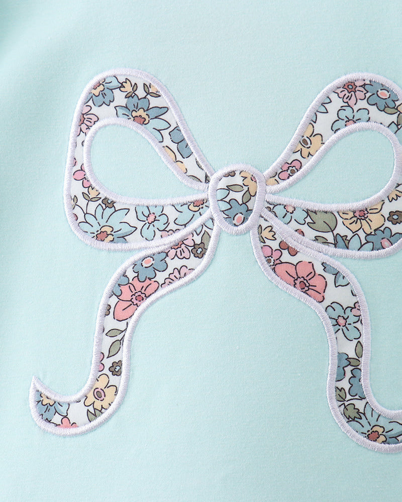 Aqua long-sleeve top with bow applique floral embroidery