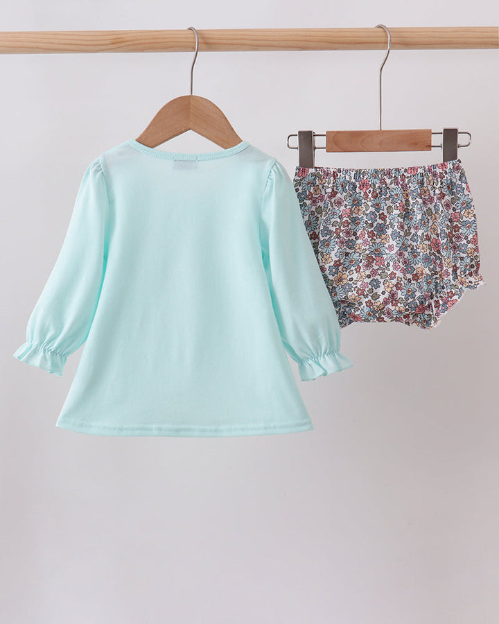 Kids aqua long-sleeve top and floral bloomer set on hangers