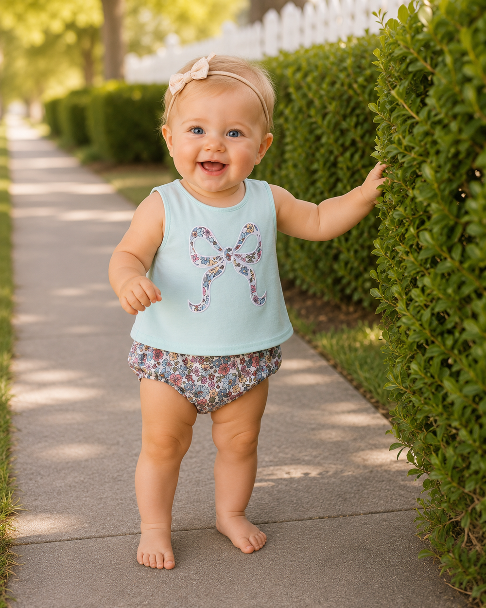 A smiling baby stands barefoot on a sidewalk next to a green hedge, wearing a light blue sleeveless top with a floral bow design and matching floral bloomers.