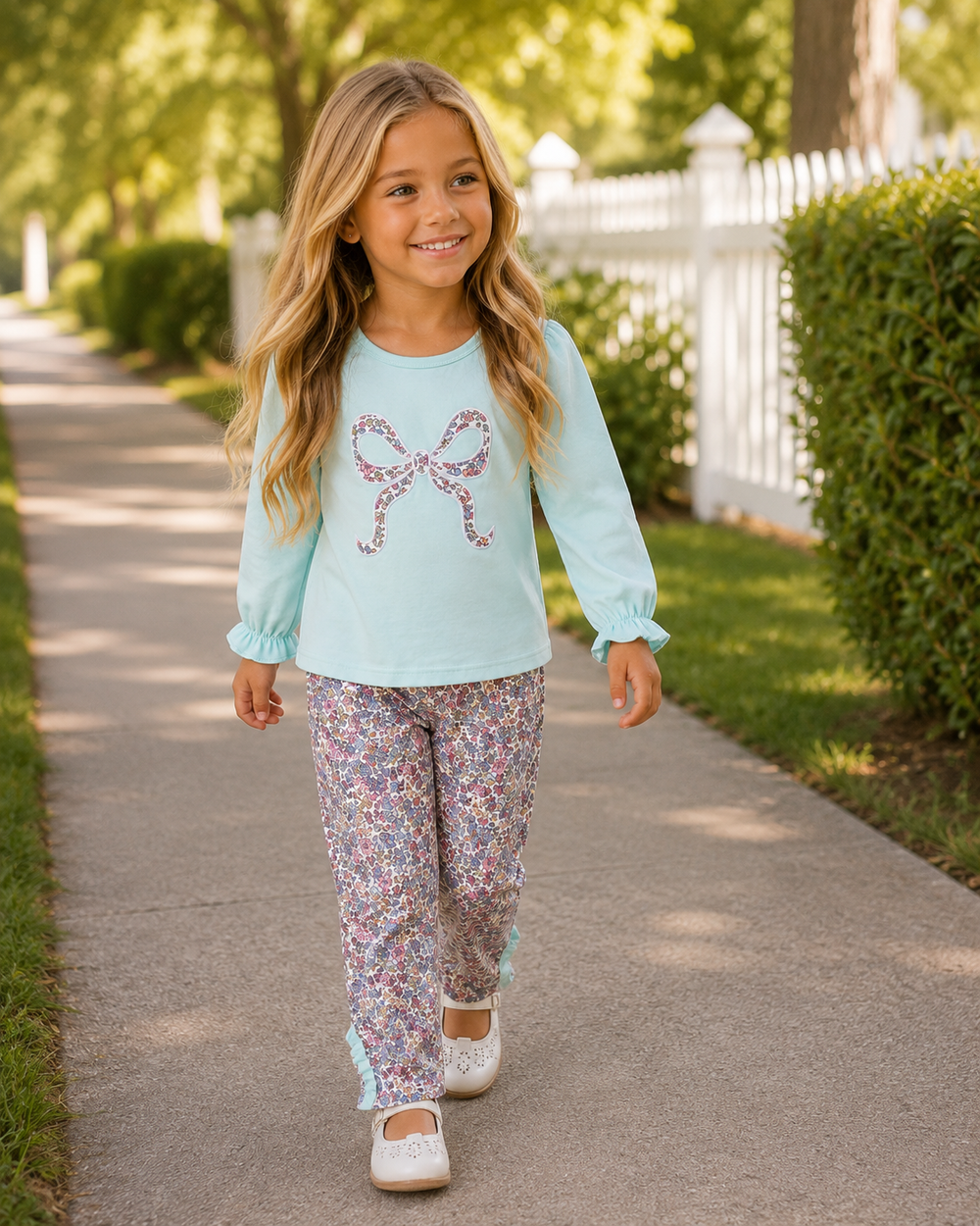 A young girl walking on a paved path outdoors, wearing a light blue long-sleeve top with a bow graphic and floral print pants.