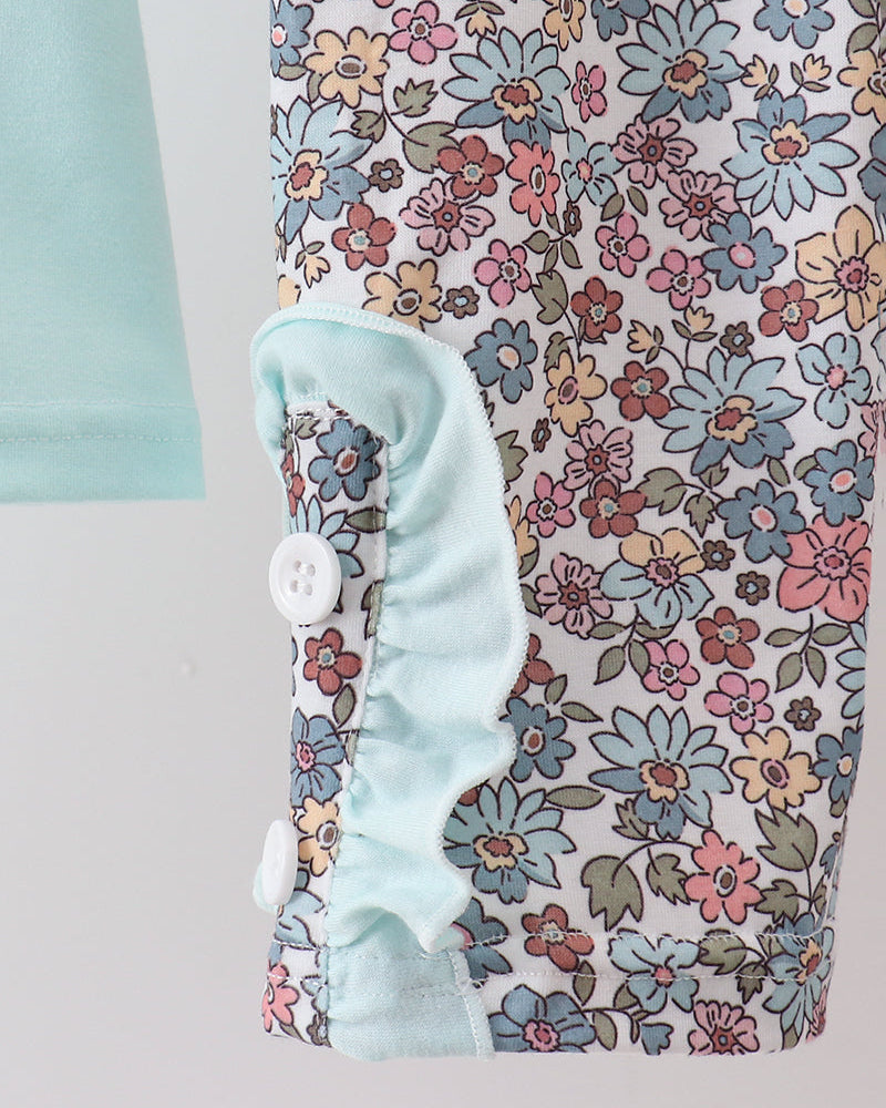 Floral pants with elastic waist and button tab, light aqua cuff