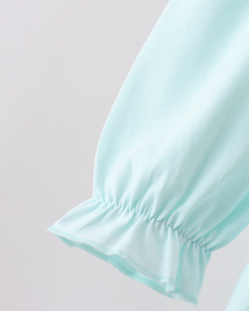 Mint blue long sleeve with gathered cuff ruffle hem