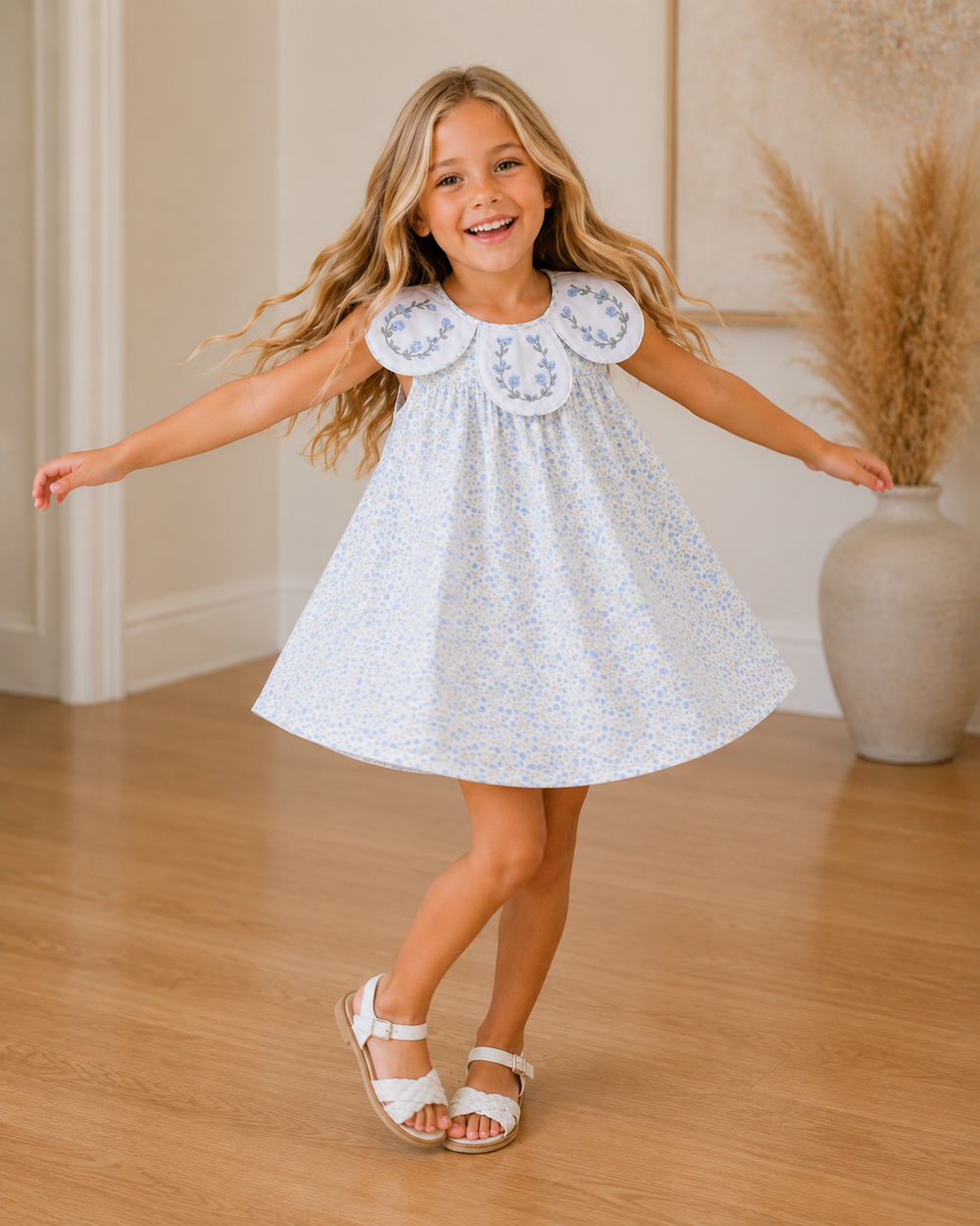 Young girl in a white dress with blue floral pattern standing on a wooden floor.
