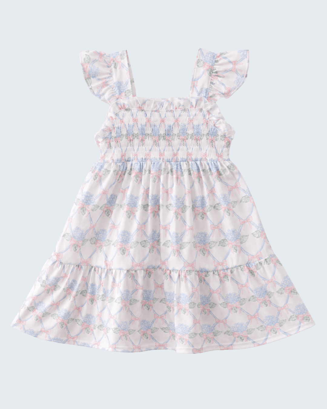 Floral dress with ruffled sleeves on a light gray background