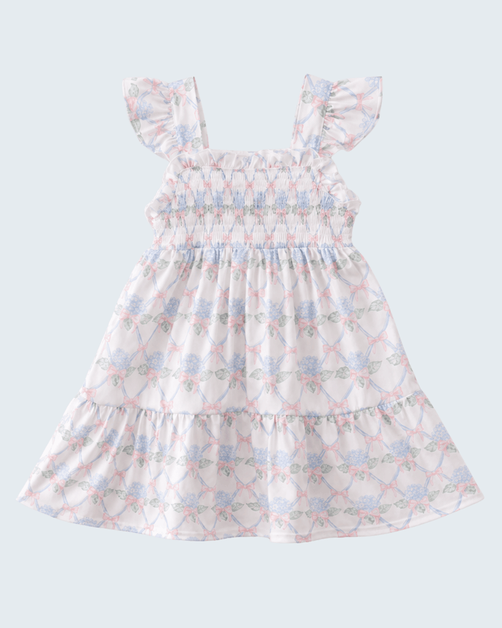 Floral dress with ruffled sleeves on a light gray background