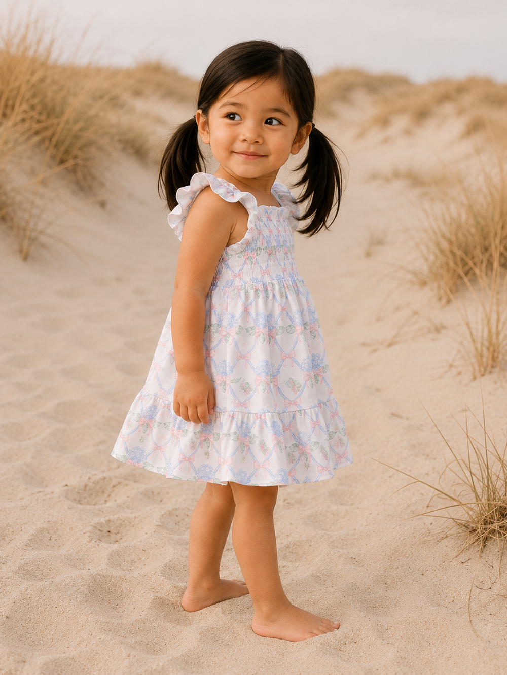 Young girl in a floral dress standing on sandy dunes
